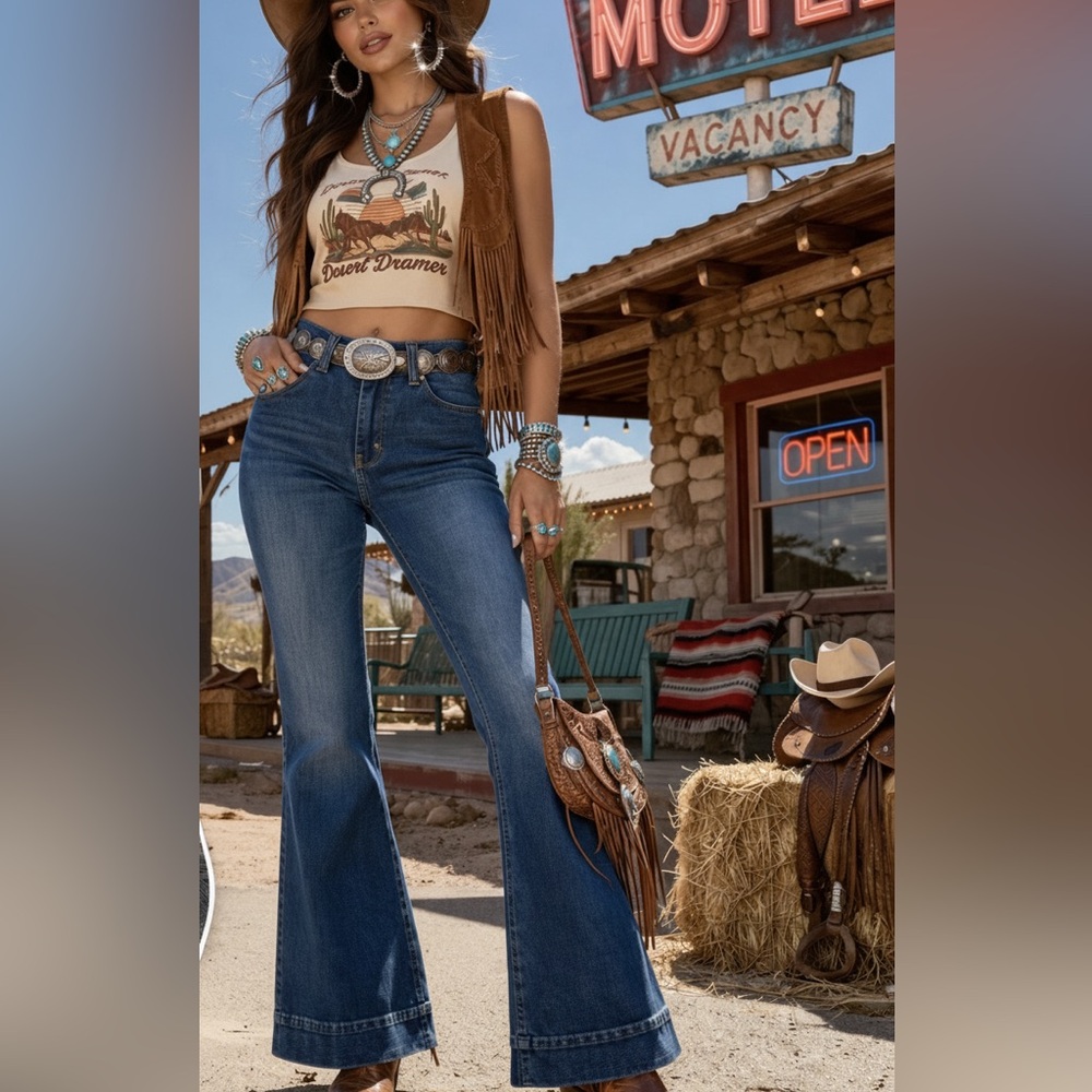 Wrangler High Rise Trouser Flare Jeans Blue Stretch Retro Western Size 28x32
